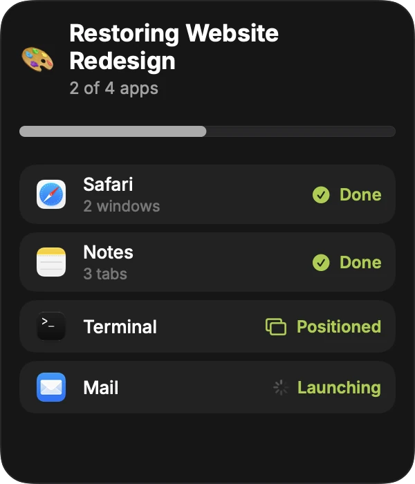 mokiwa restoring a workspace, app by app, with a progress list